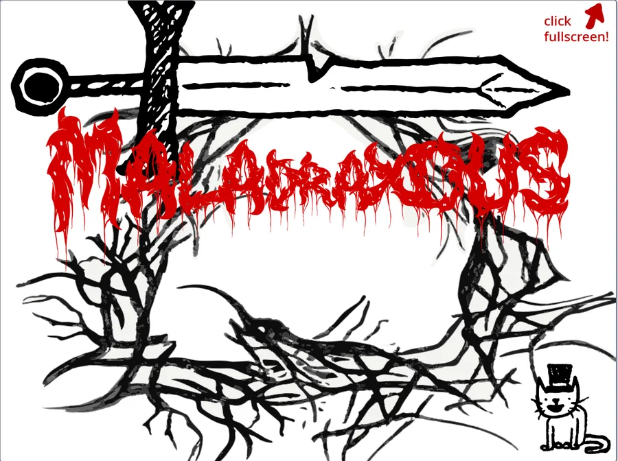 Maladraxous title card: a hand-drawn sword over tangled black roots, with a dripping red title