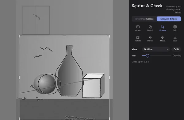 Squint & Check lining a drawing of a still life up on its reference photo, the drawing shown as a dark outline over the photo: the ball and the vase are drawn off from where they sit
